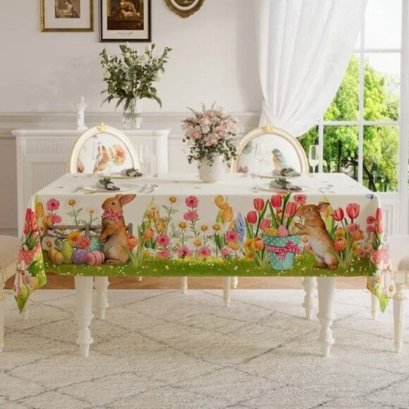 Easter Dining Tablecloth Spring Bunny Tulip Garden Egg Basket Butterflies Decor - Picture 2 of 12